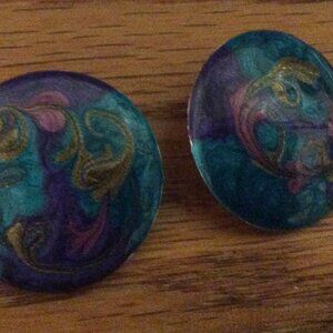 Vintage enameled swirl earrings in teal, purple and gold
